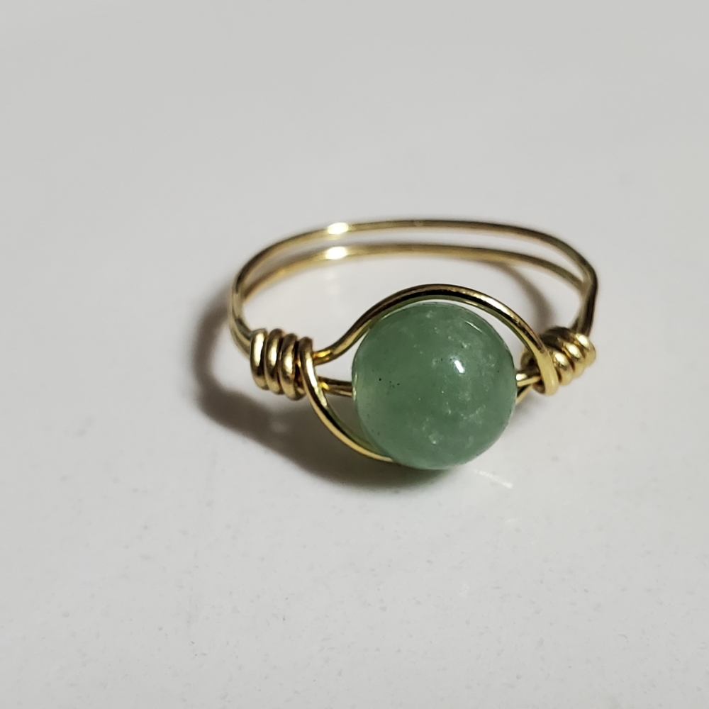 Minimalist Agate Green and Gold Wire Wrapped Ring